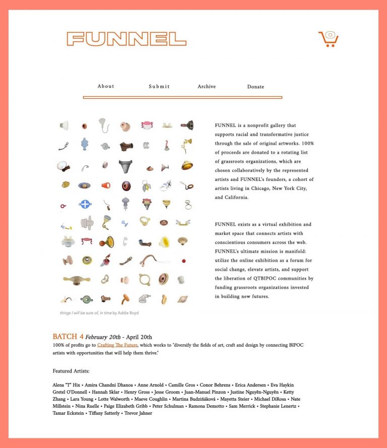 Screenshot from Funnel Gallery with list of featured artists for their spring exhibition in 2021