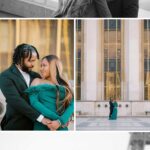 Collage of a couple's engagement session near the Eiffel Tower. They embrace, gaze into each other's eyes, and hold each other closely during their romantic photoshoot in Paris. Two black and white images at Place du Trocadero with the Eiffel Tower in the background, and two full-color images in front of the gold embellished architecture and tall windows.
